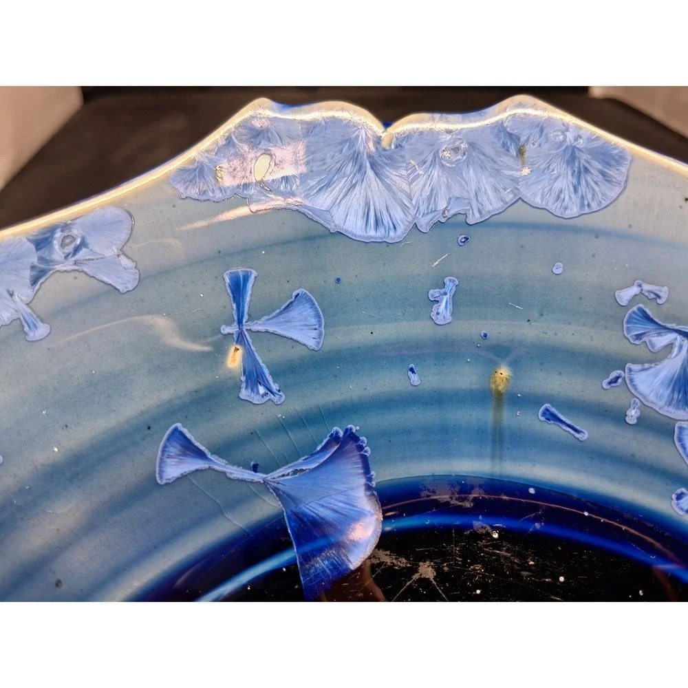 Studio Pottery Crystalline Glaze Blue Scalloped Octagon Plate Signed 9.25 Inch